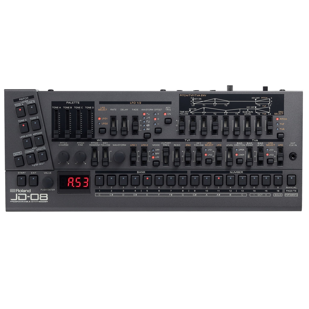 Roland JD-08 synthesizer module sliders and controls close-up