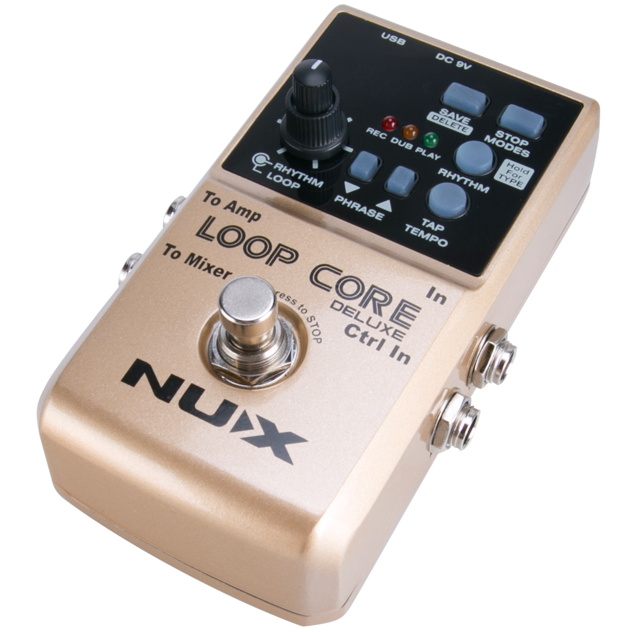 NUX Loop Core Deluxe looper pedal — feature diagram drum machine