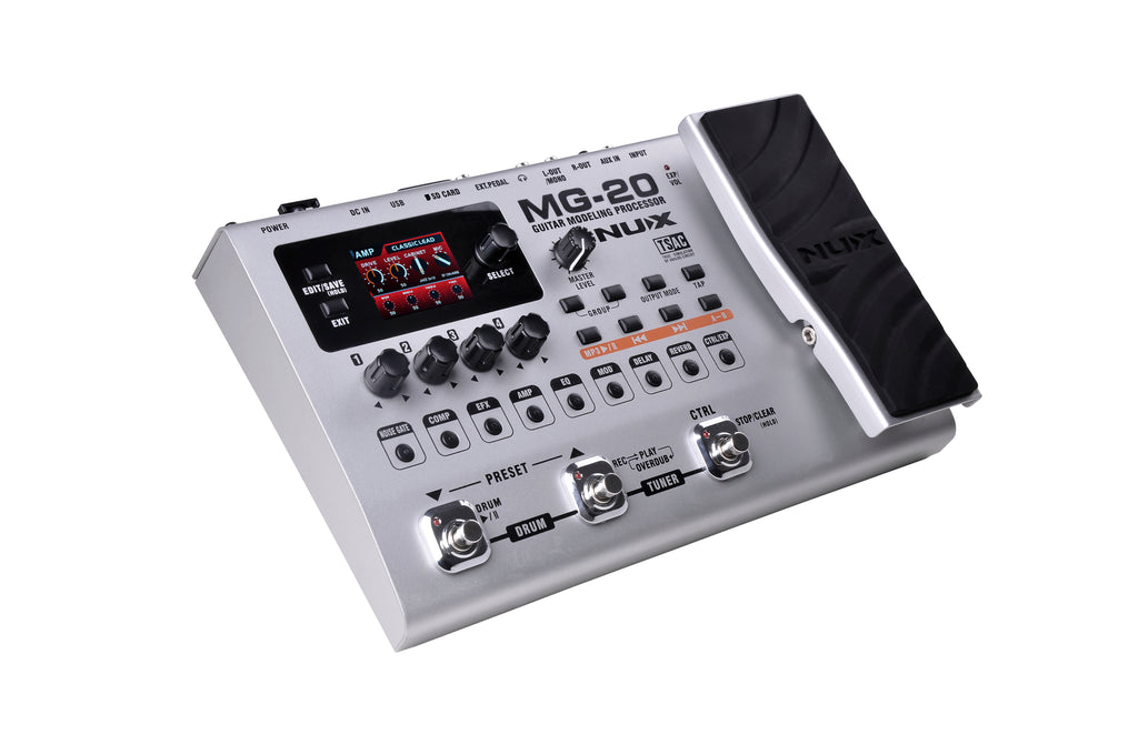 NUX MG-20 guitar processor — effect switches and display detail