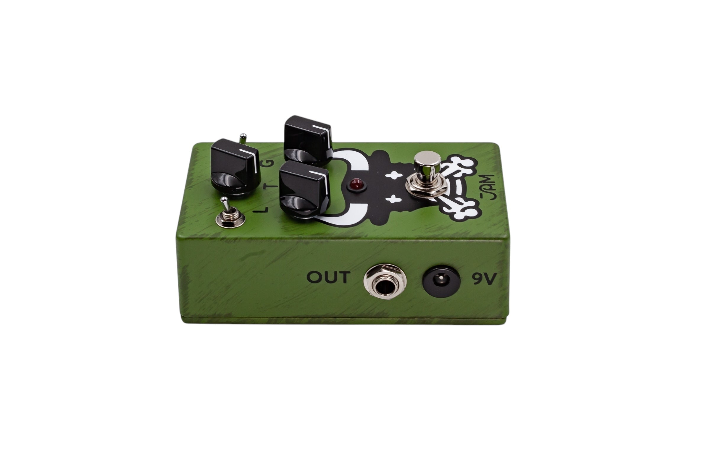 JAM Pedals Octaurus green octave fuzz pedal — footswitch detail