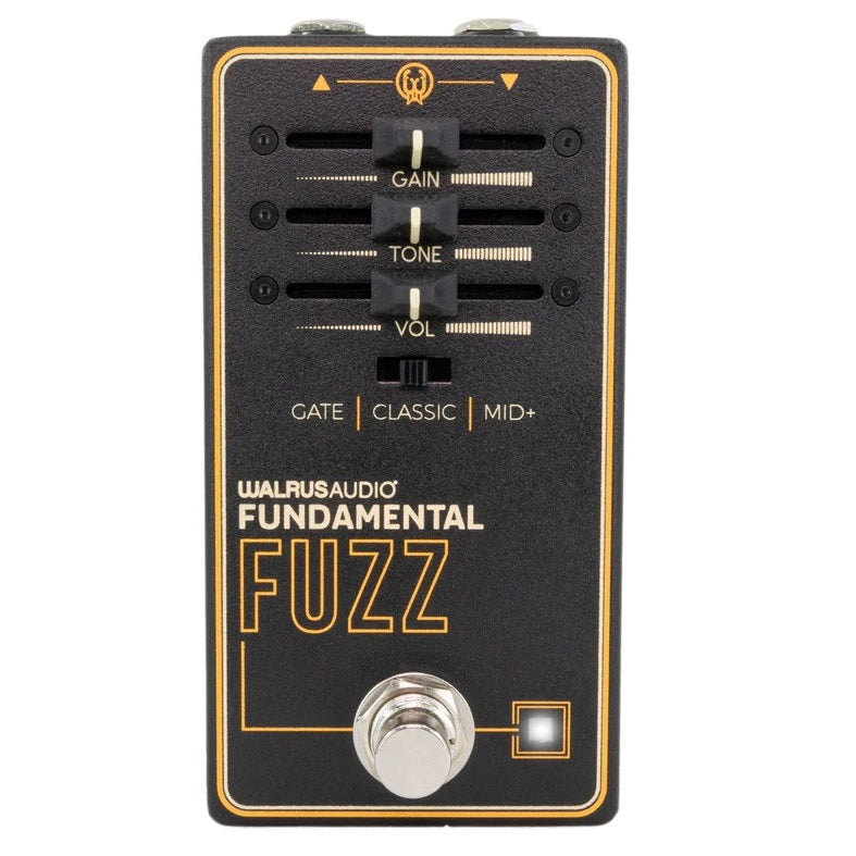 Walrus Audio Fundamental Fuzz pedal — angled front view of black enclosure