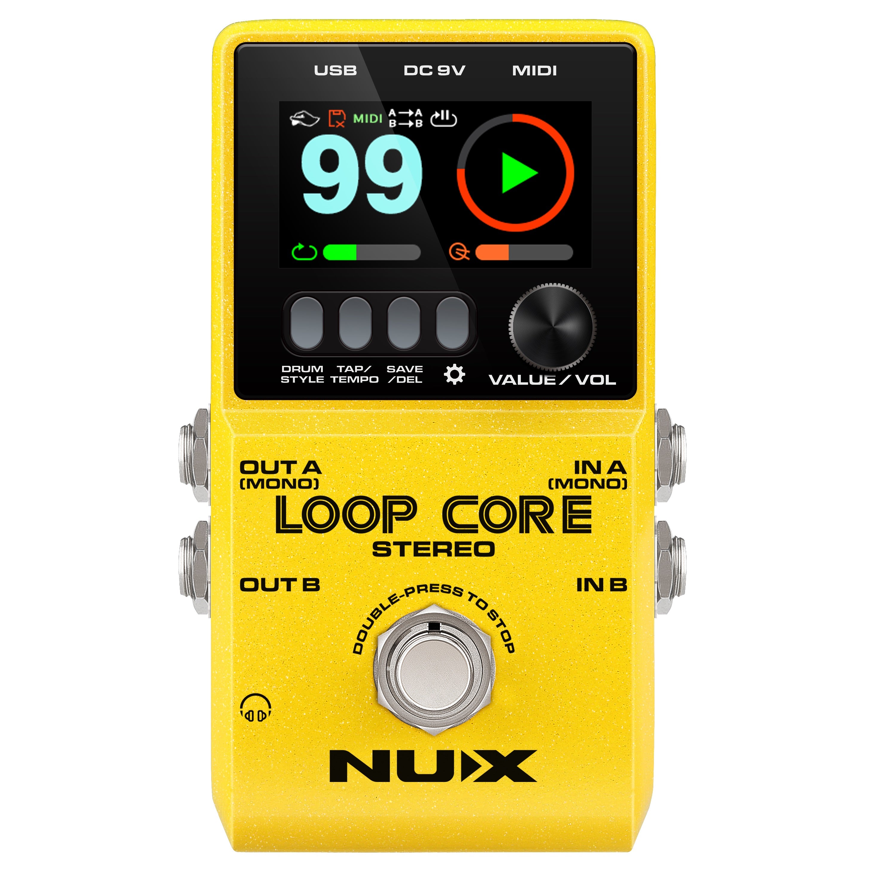 NUX Loop Core Stereo looper pedal — yellow enclosure with color LCD display