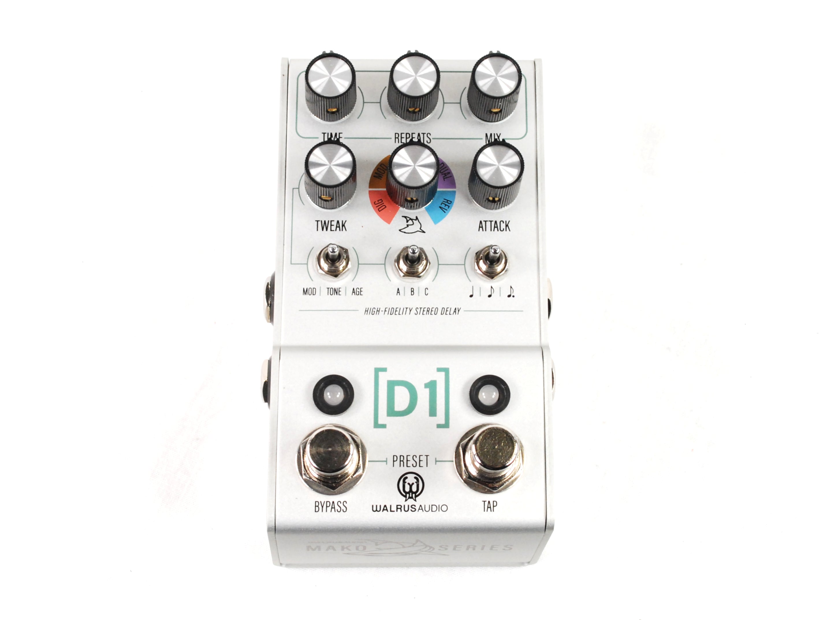 Walrus Audio MAKO D1 V2 delay pedal — silver enclosure, top-down view