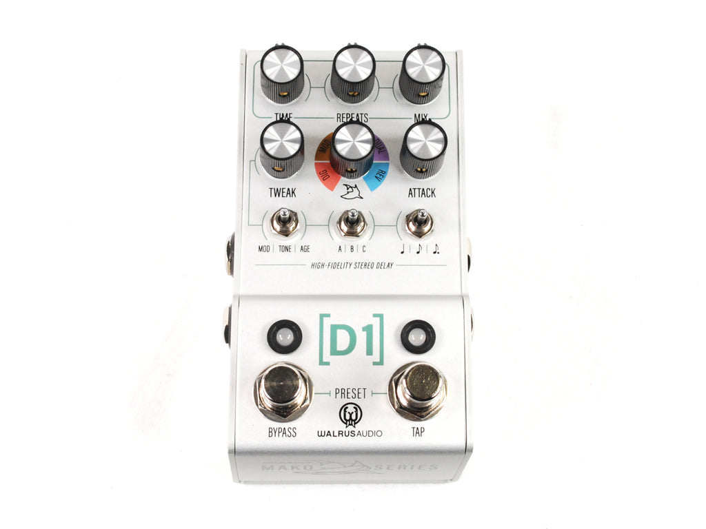 Walrus Audio MAKO D1 V2 delay pedal — silver enclosure, angled view