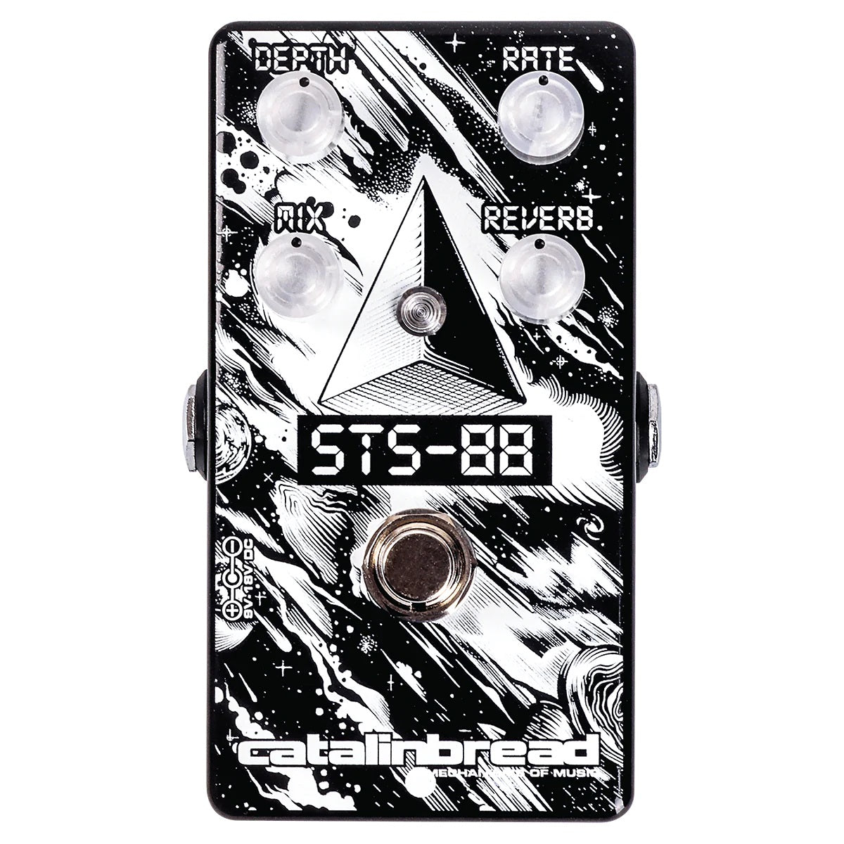 Catalinbread STS-88 flanger reverb pedal — black enclosure with white cosmic artwork, top view