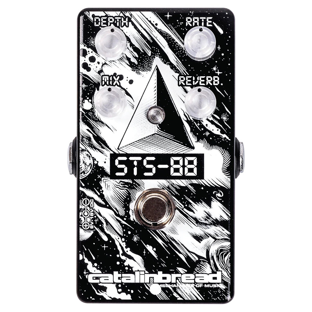 Catalinbread STS-88 flanger reverb pedal — alternate view of black and white space graphic enclosure