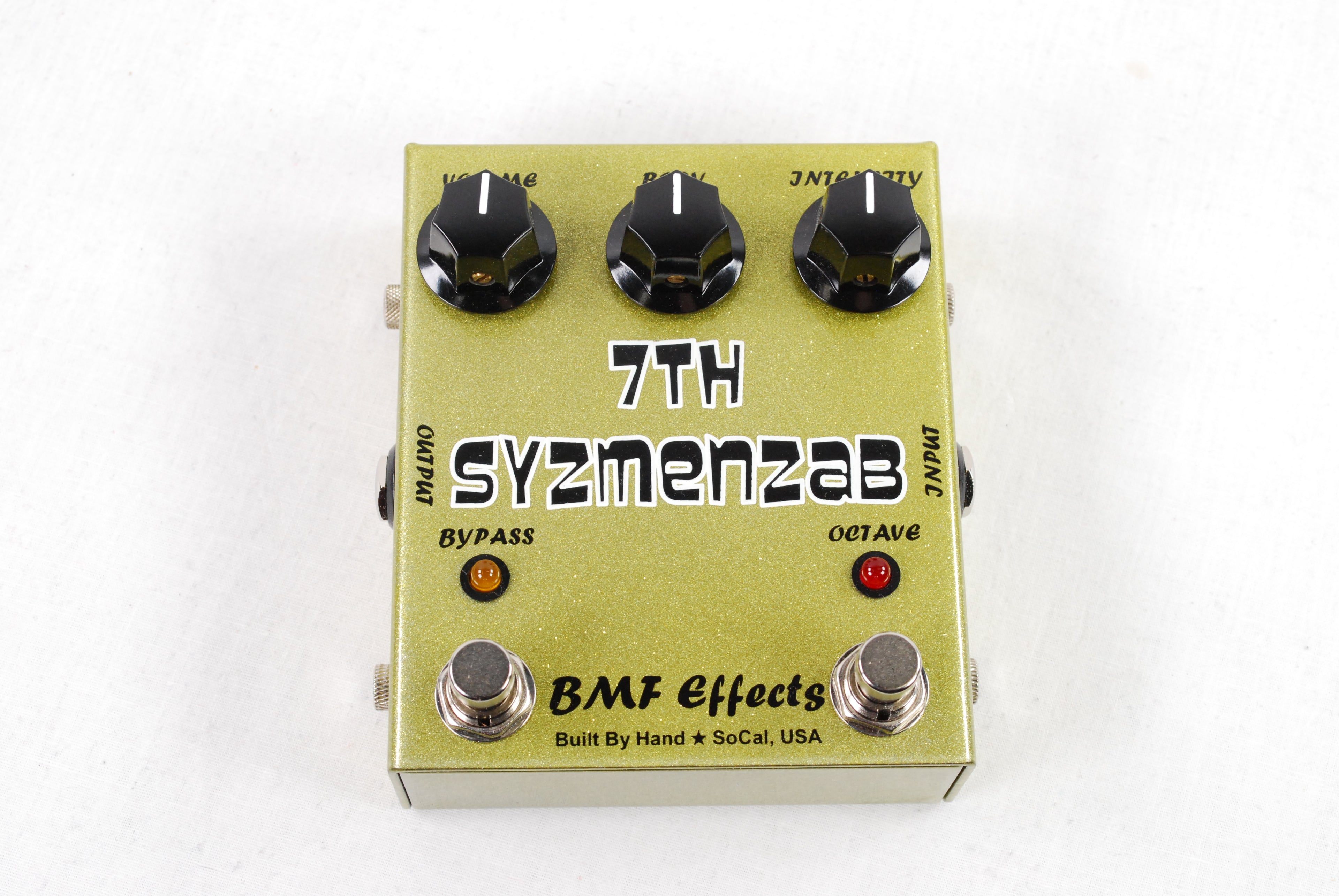 BMF Effects 7th Syzmenzab fuzz octave pedal in gold sparkle, top view