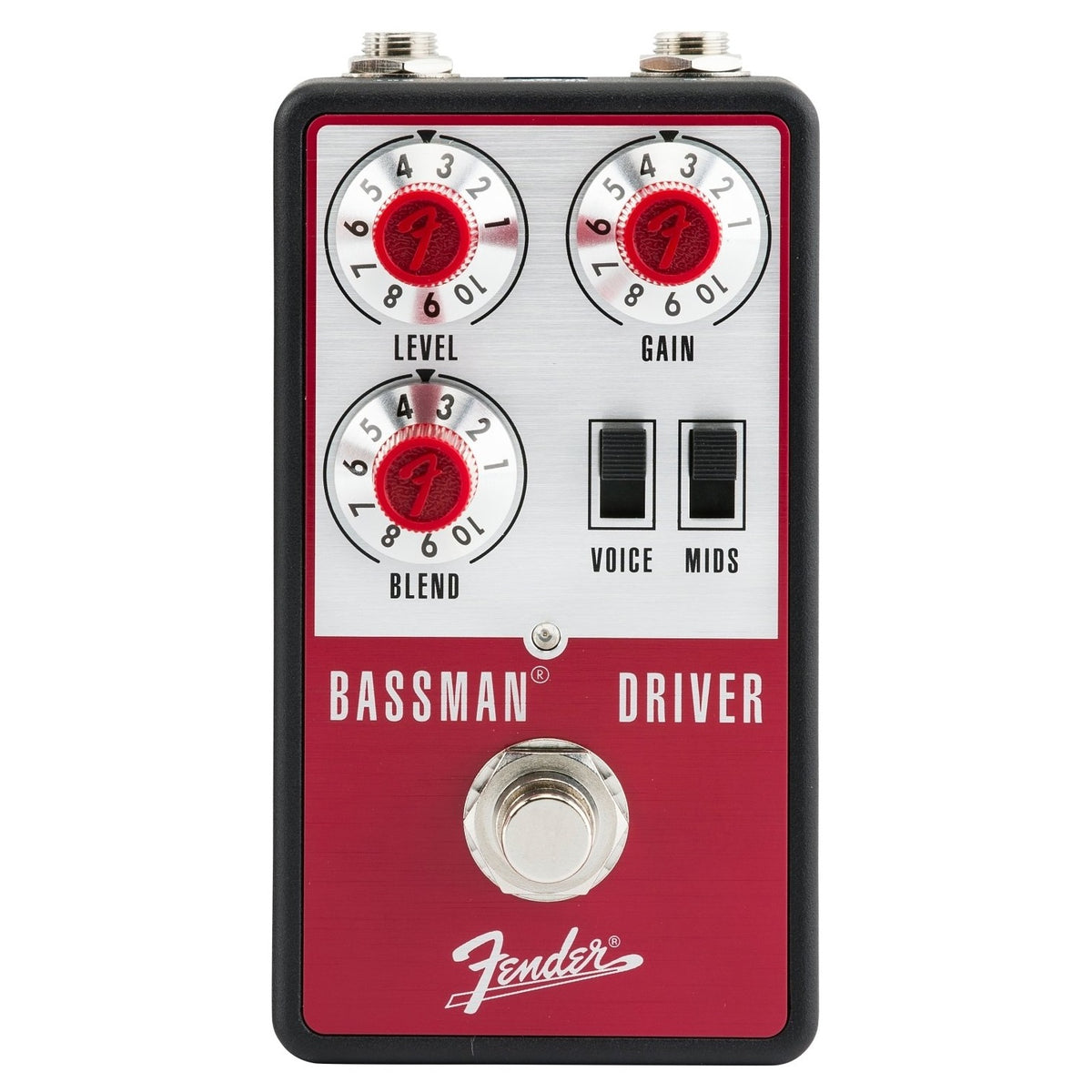 Fender Bassman Driver overdrive pedal — black and red enclosure front view
