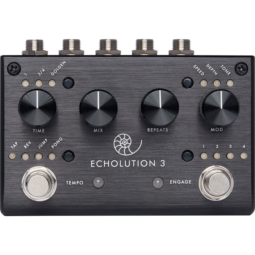 Pigtronix Echolution 3 stereo delay pedal — black front top-down view