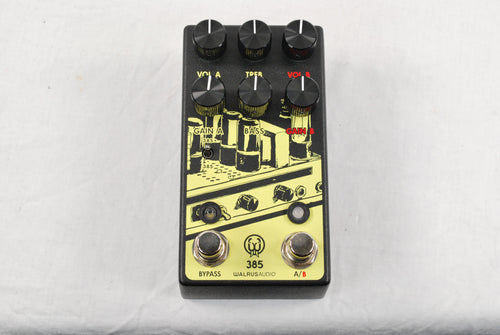 Walrus Audio 385 Overdrive MKII pedal — black enclosure, yellow projector graphic, top view