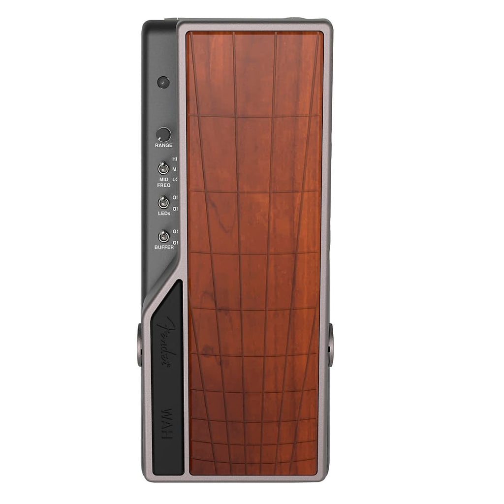 Fender Tread-Light Wah pedal — top view, silver chassis with wood treadle