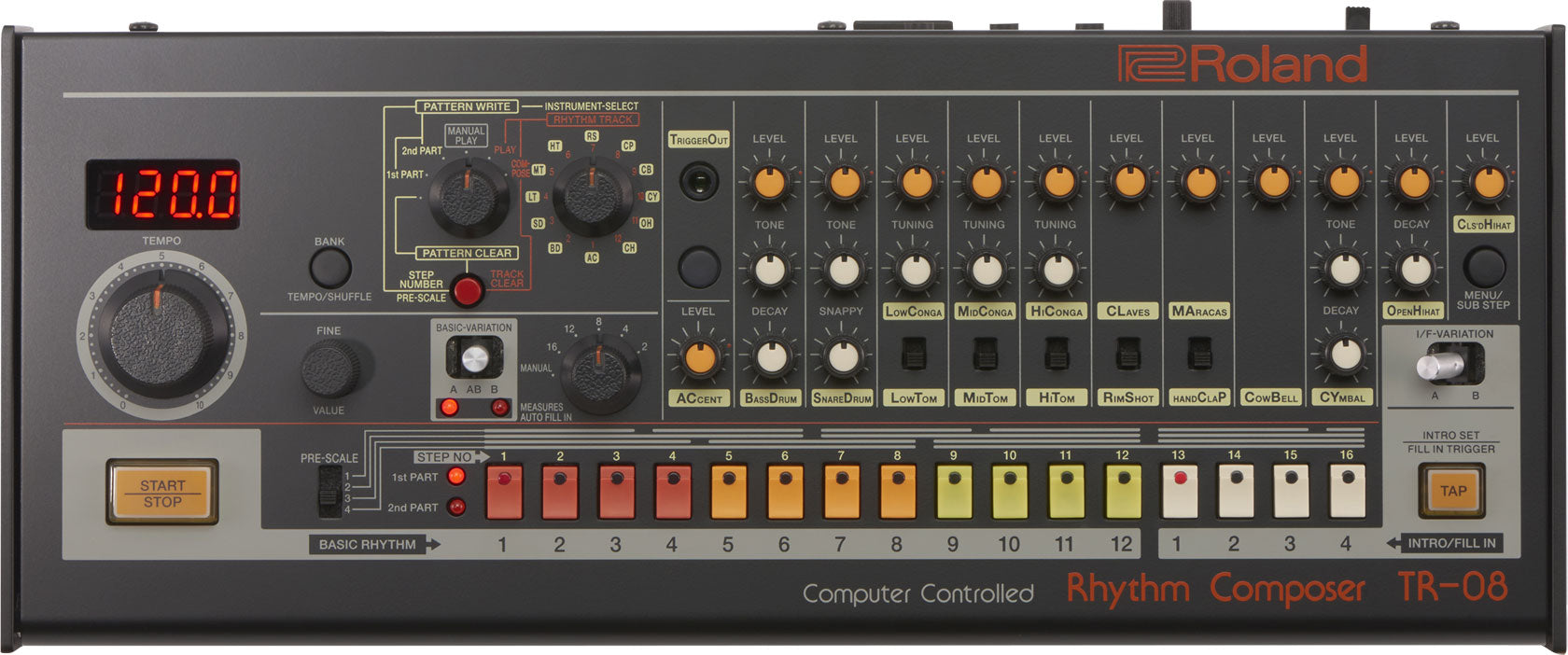 Roland TR-08 Rhythm Composer drum machine — angled perspective