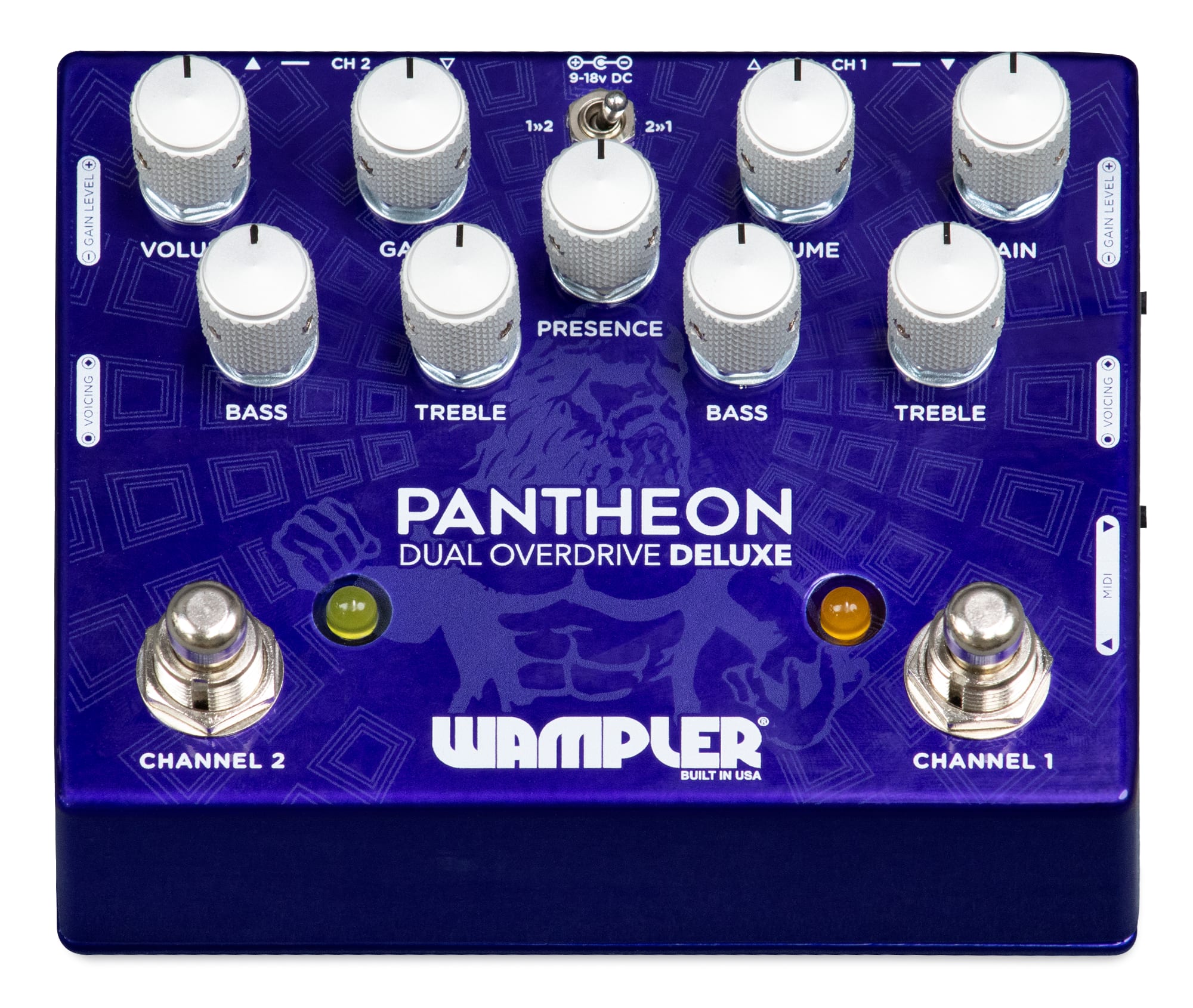 Wampler Dual Pantheon Deluxe overdrive pedal — side switches view