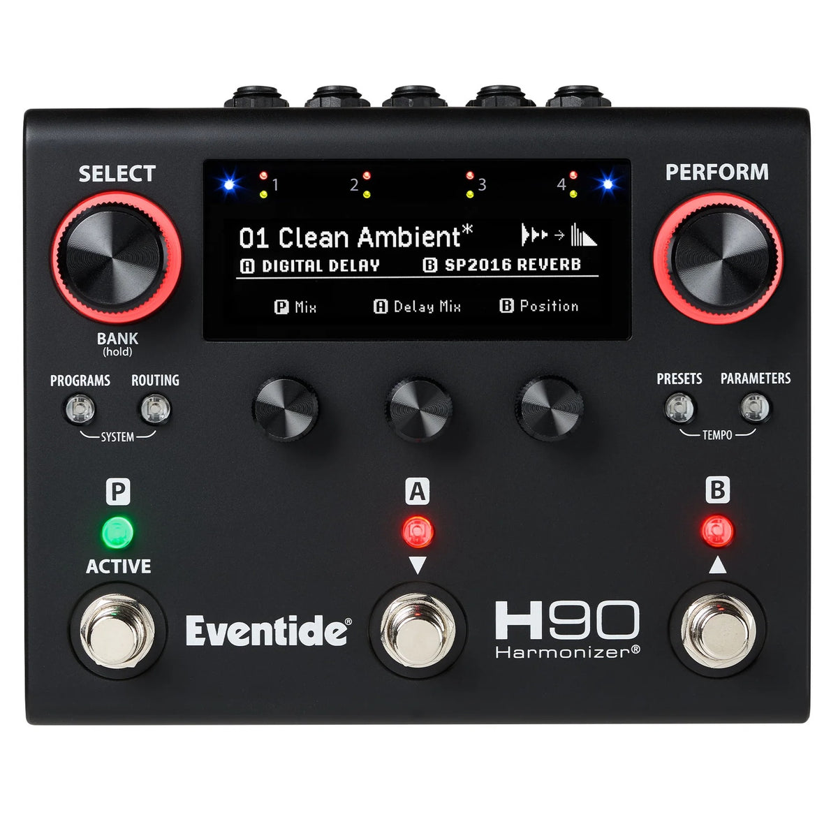 Eventide H90 Dark Harmonizer multi-effects pedal in black, top view