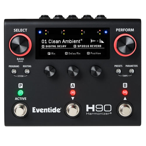 Eventide H90 Dark Harmonizer pedal front panel with OLED display and footswitches