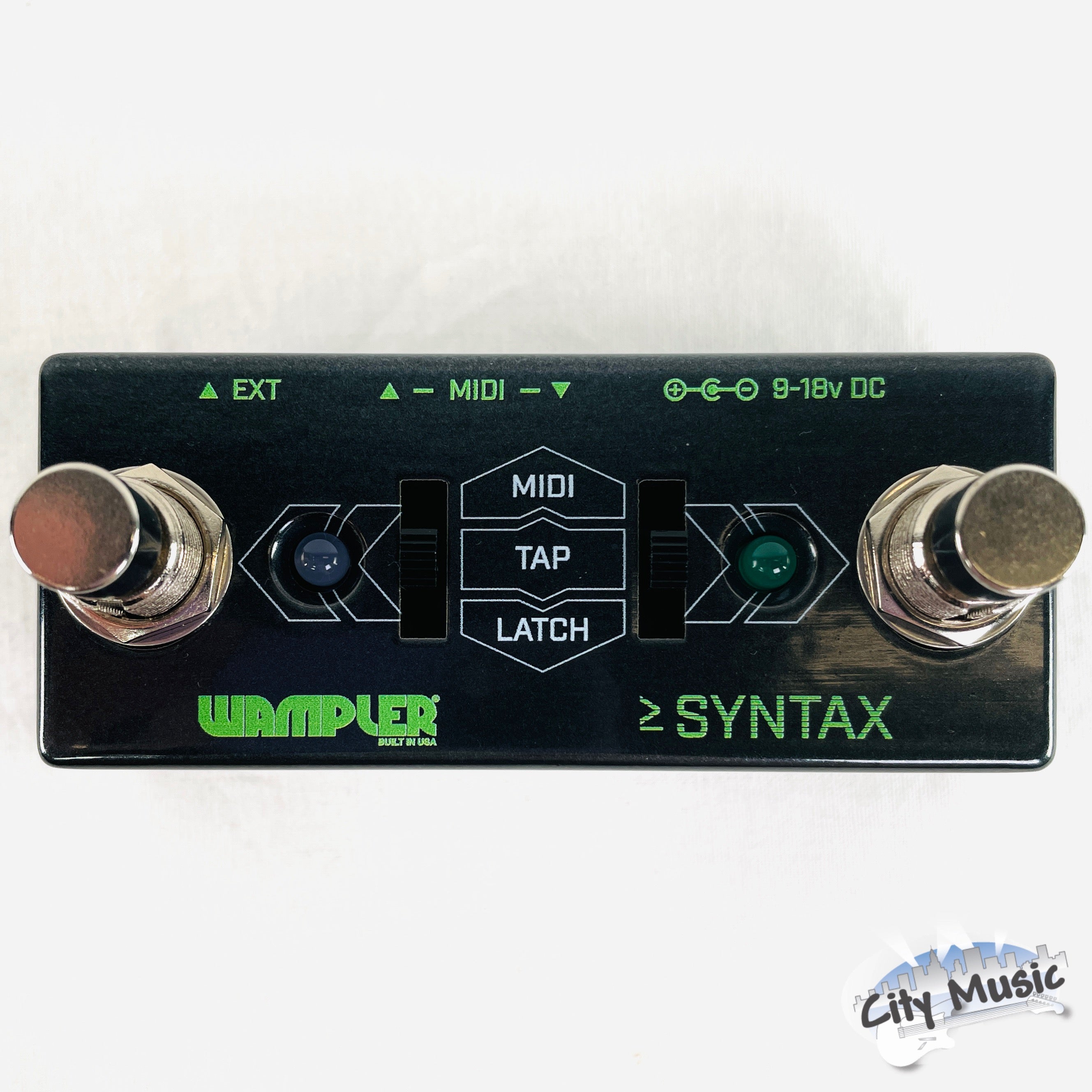 Used Wampler Syntax pedal - top view showing MIDI, TAP, LATCH slide switches