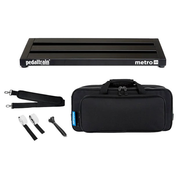 Pedaltrain Metro 20 pedalboard — angled view of three-rail frame