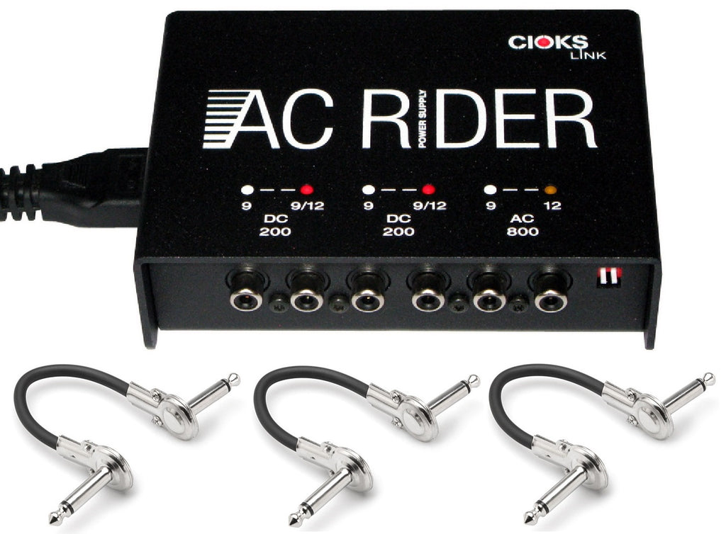 Cioks AC Rider Link pedal power supply — black unit with three Hosa patch cables, front view