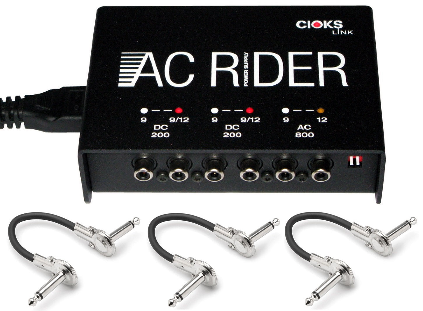 Cioks AC Rider Link pedal power supply — black unit with three Hosa patch cables, front view