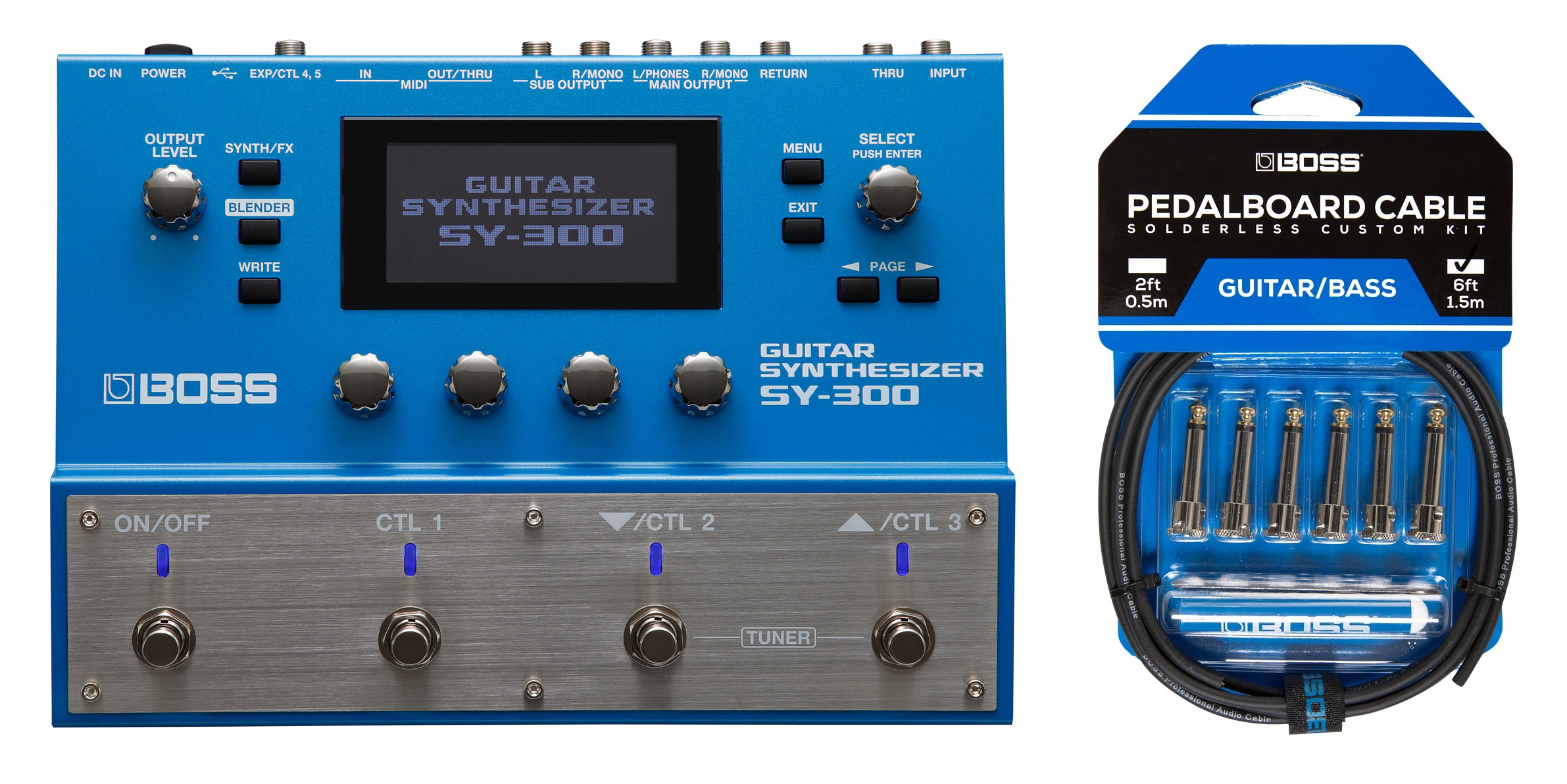 Boss SY-300 guitar synthesizer pedal in blue with BCK-6 cable kit
