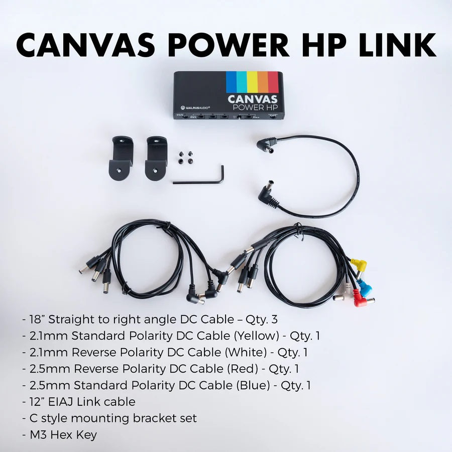 Walrus Audio Canvas Power HP LINK — specs showing 3A plus 3x 500mA outputs