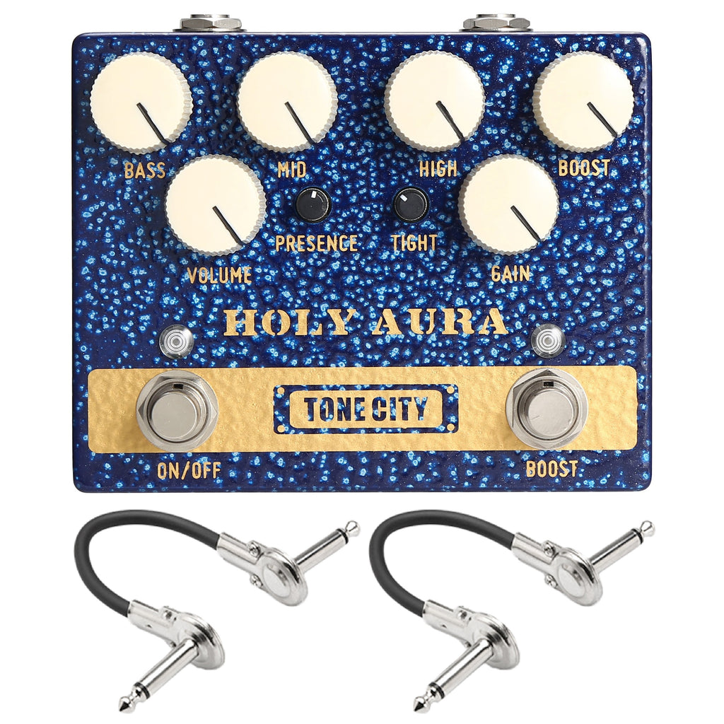 Tone City Holy Aura distortion boost pedal — blue enclosure with two cables