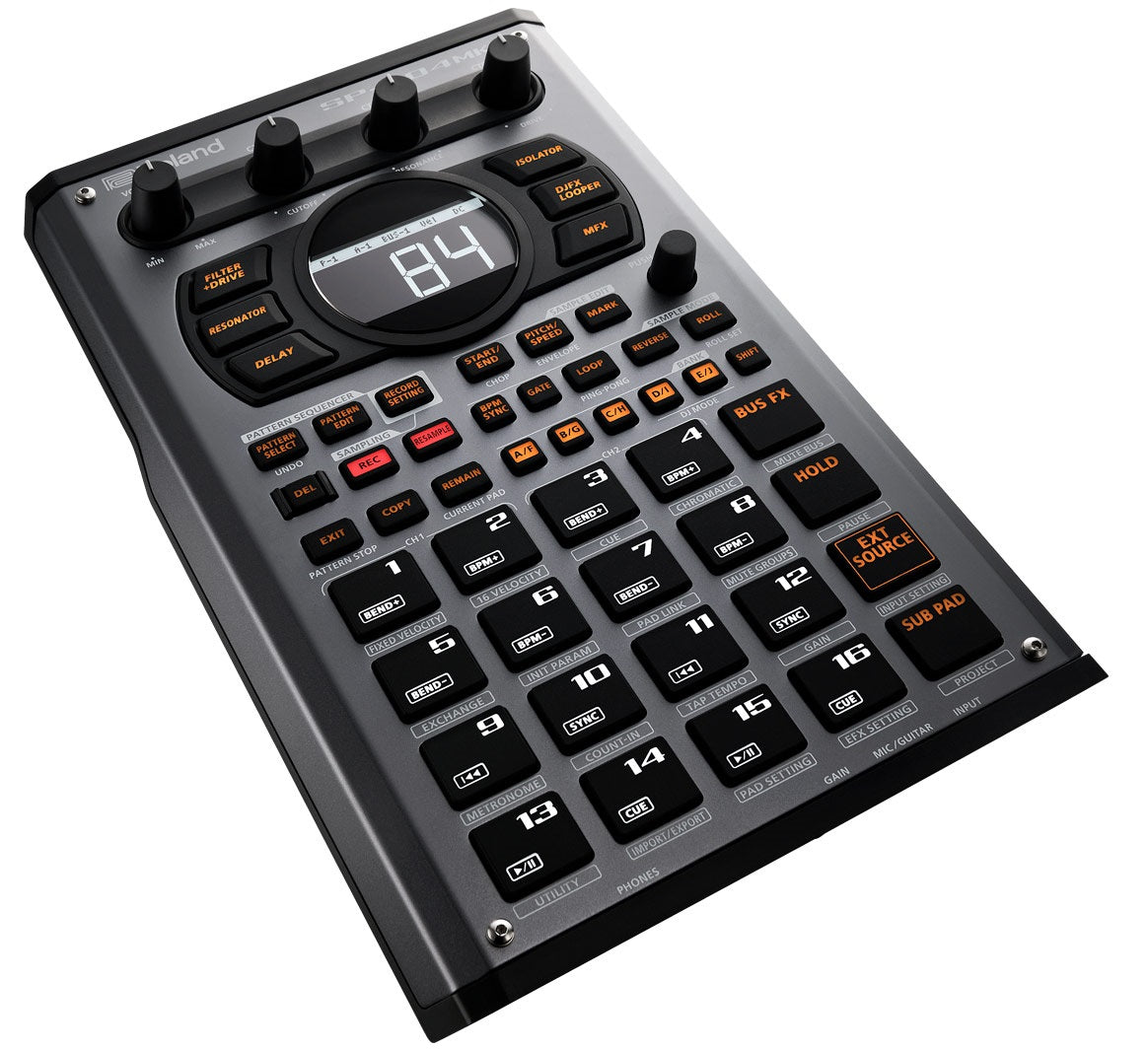 Used Roland SP-404MKII linear wave sampler — angled top view with pads
