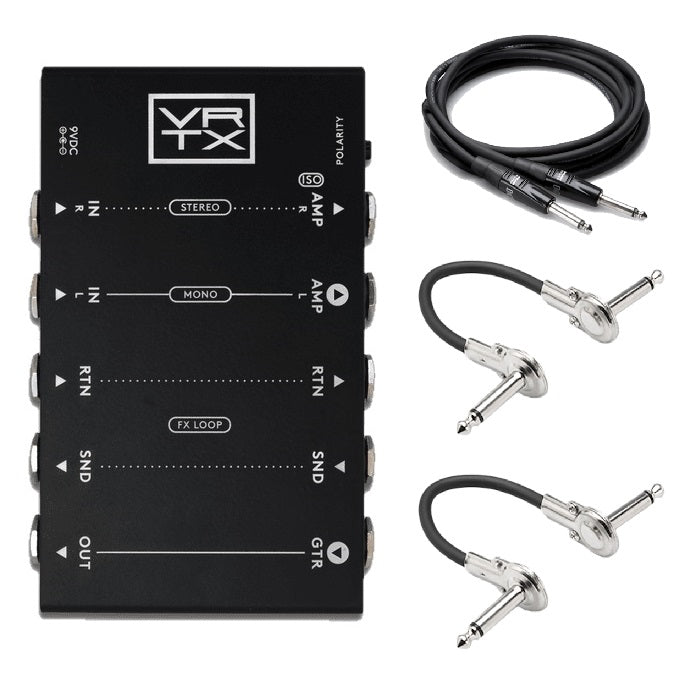 Vertex Buffer Interface pedalboard buffer — top view with included cables