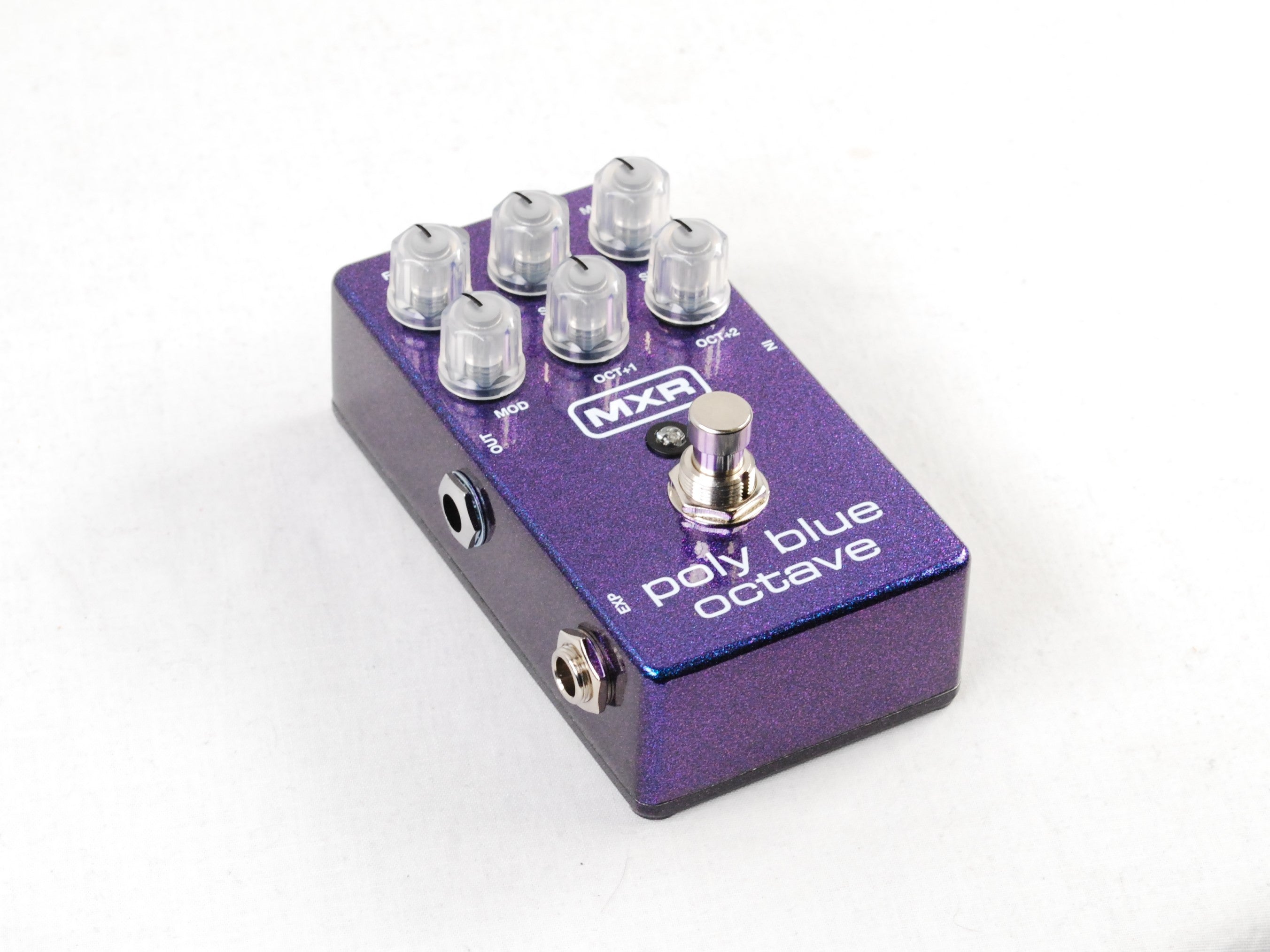 Used MXR M306 Poly Blue Octave pedal — angled side view of blue chassis
