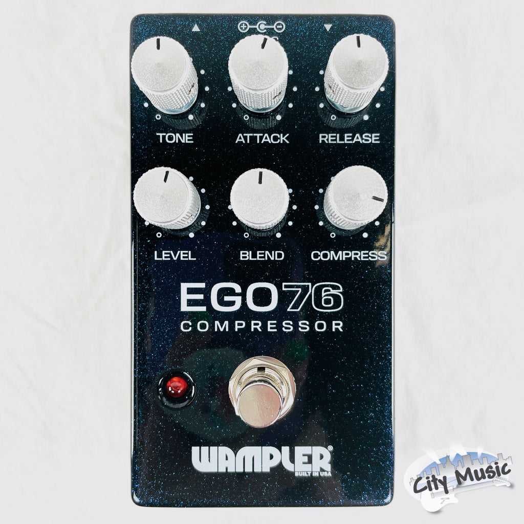 Wampler Ego 76 Compressor pedal — dark blue sparkle top-panel view