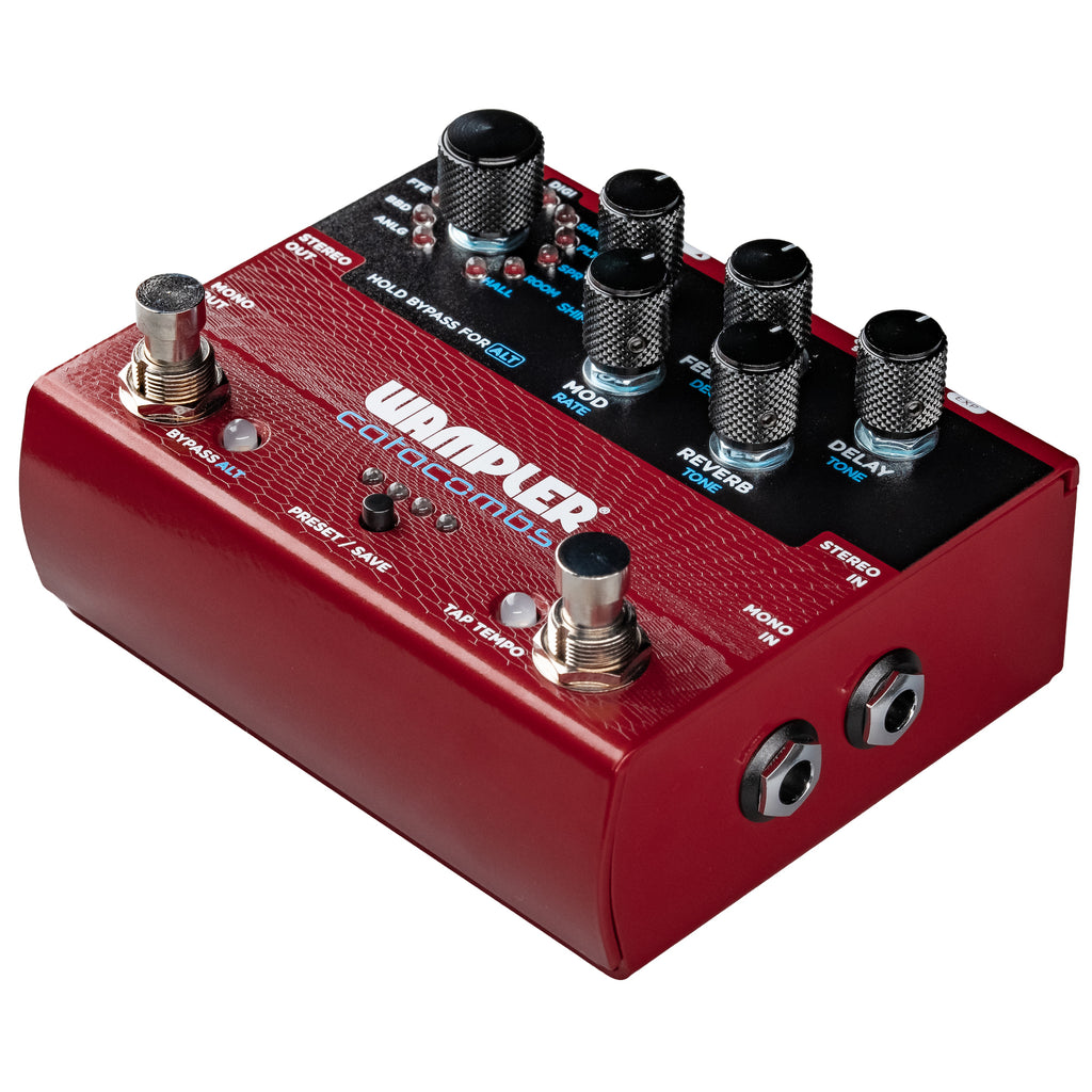 Wampler Catacombs reverb delay pedal — rear panel and label