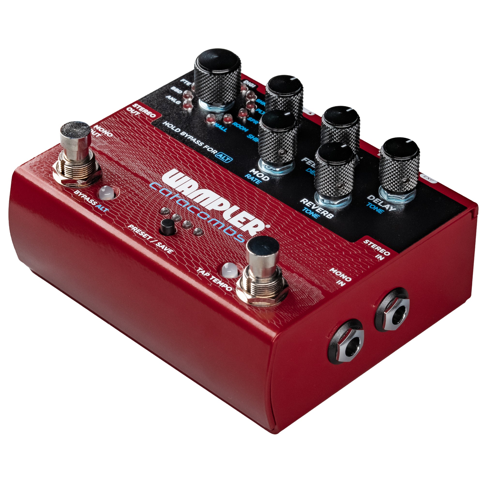 Wampler Catacombs reverb delay pedal — rear panel and label