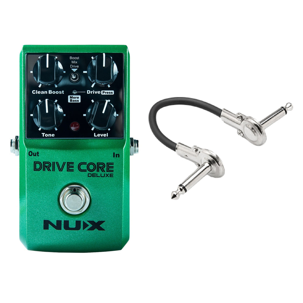 NUX Drive Core Deluxe overdrive pedal — green enclosure front with patch cable