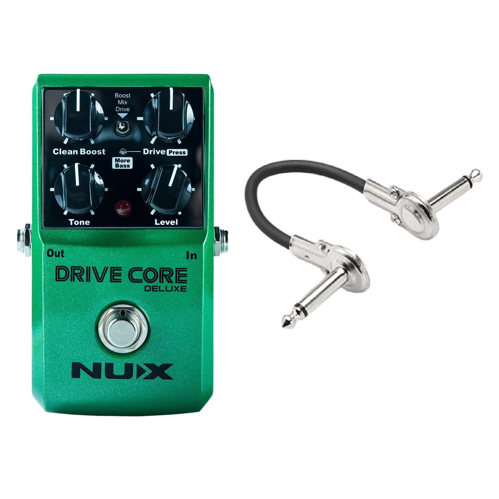 NUX Drive Core Deluxe overdrive pedal — green enclosure angled view