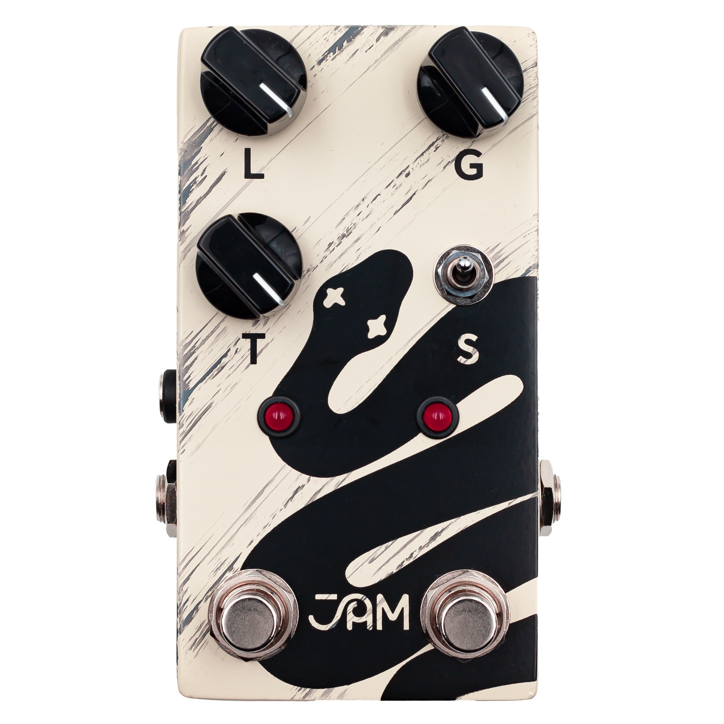 JAM Pedals Rattler mk.2 distortion pedal — cream enclosure with black snake art