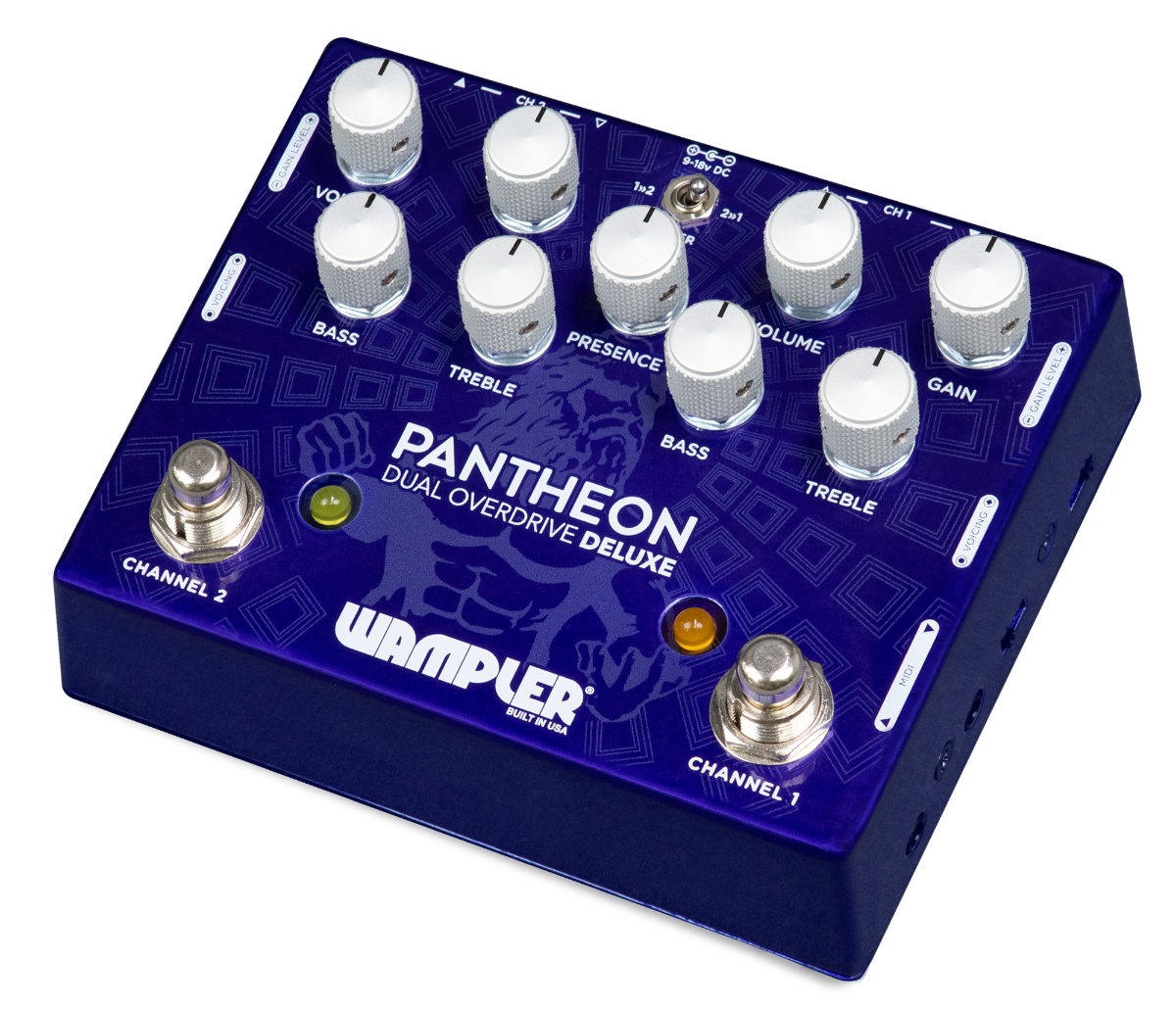 Wampler Dual Pantheon Deluxe overdrive pedal — MIDI and jacks detail