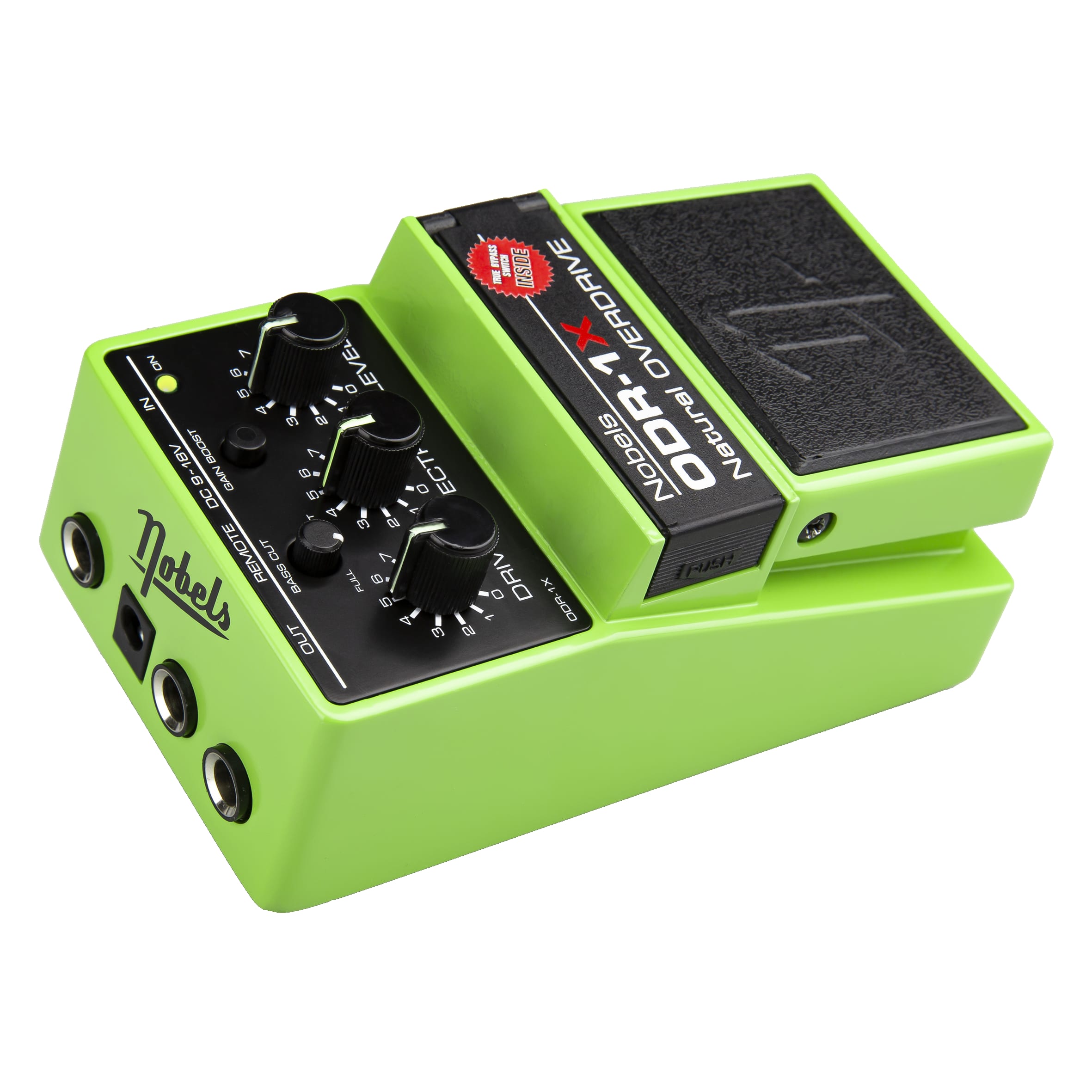 Nobels ODR-1X overdrive pedal — green housing detail