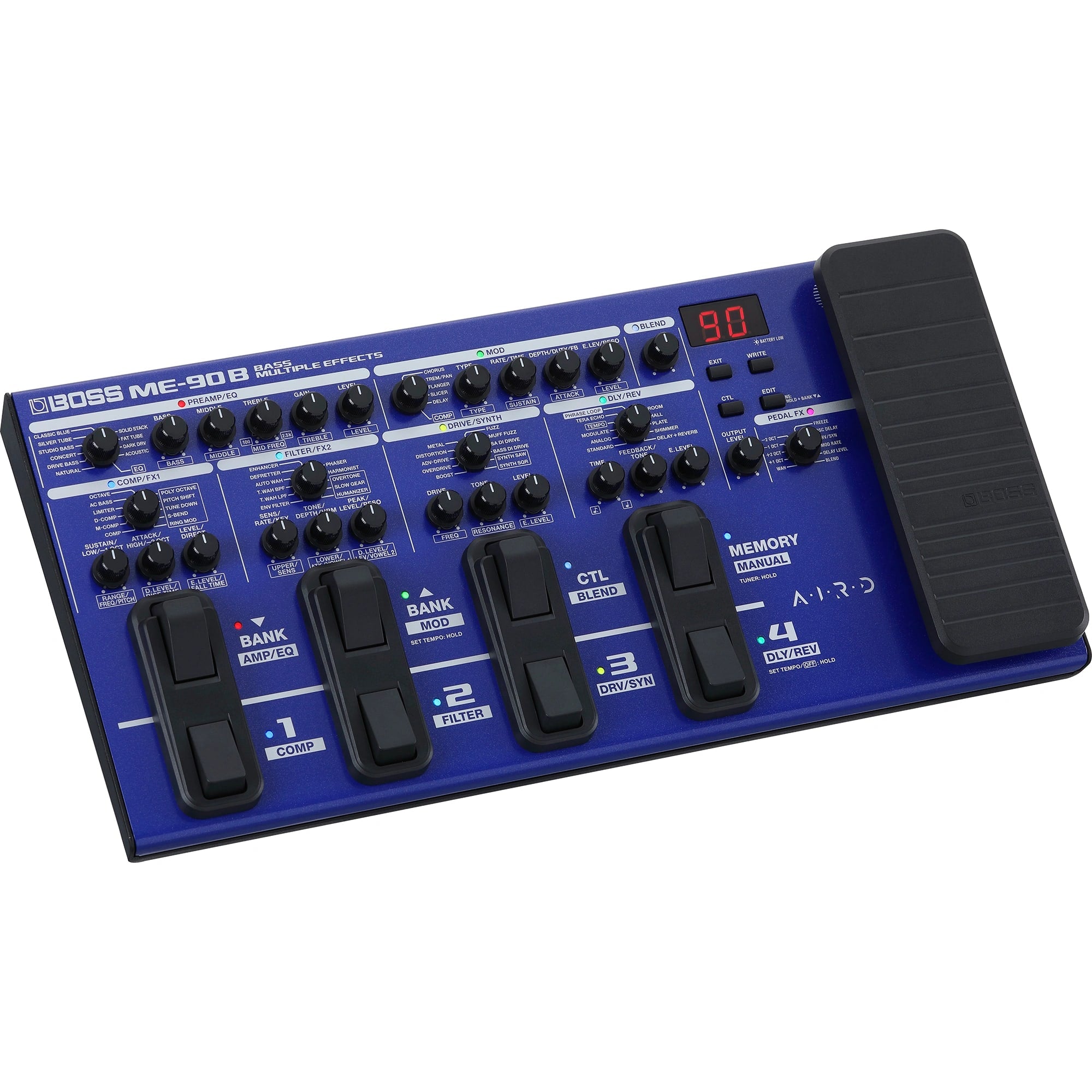 Boss ME-90B bass multi-effects processor — top down full layout view