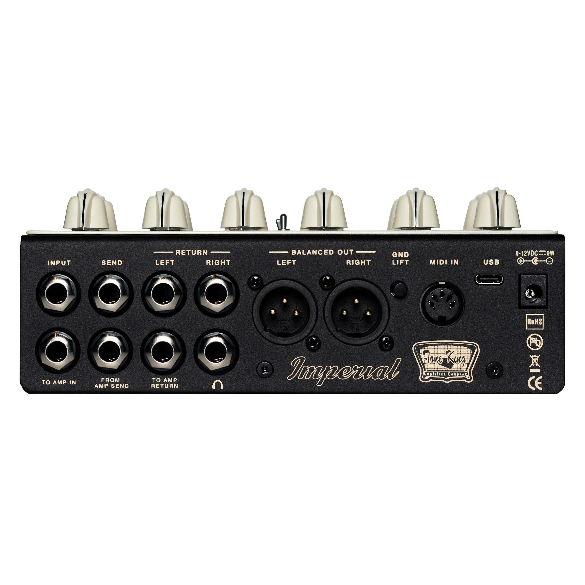 Tone King Imperial tri-tube preamp pedal — rear connections panel