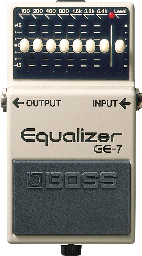 Boss GE-7 Graphic Equalizer guitar pedal — side view of input and output jacks
