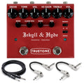 Truetone V3 Jekyll & Hyde overdrive distortion pedal — red enclosure with cables
