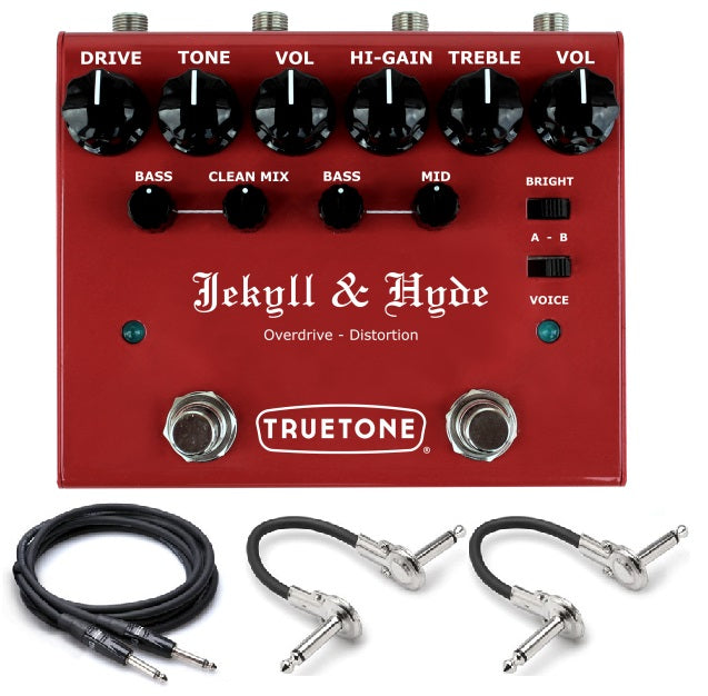 Truetone V3 Jekyll & Hyde overdrive distortion pedal — red enclosure with cables