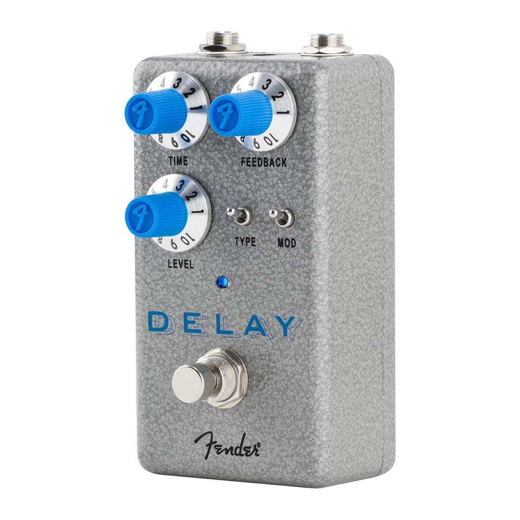 Fender Hammertone Delay pedal — side view showing top-mounted jacks