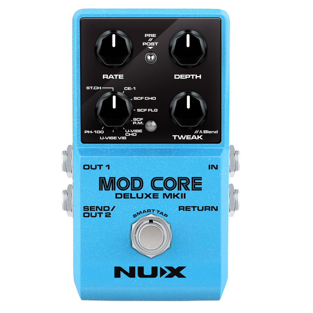 NUX Mod Core Deluxe MKII modulation pedal — blue enclosure top view