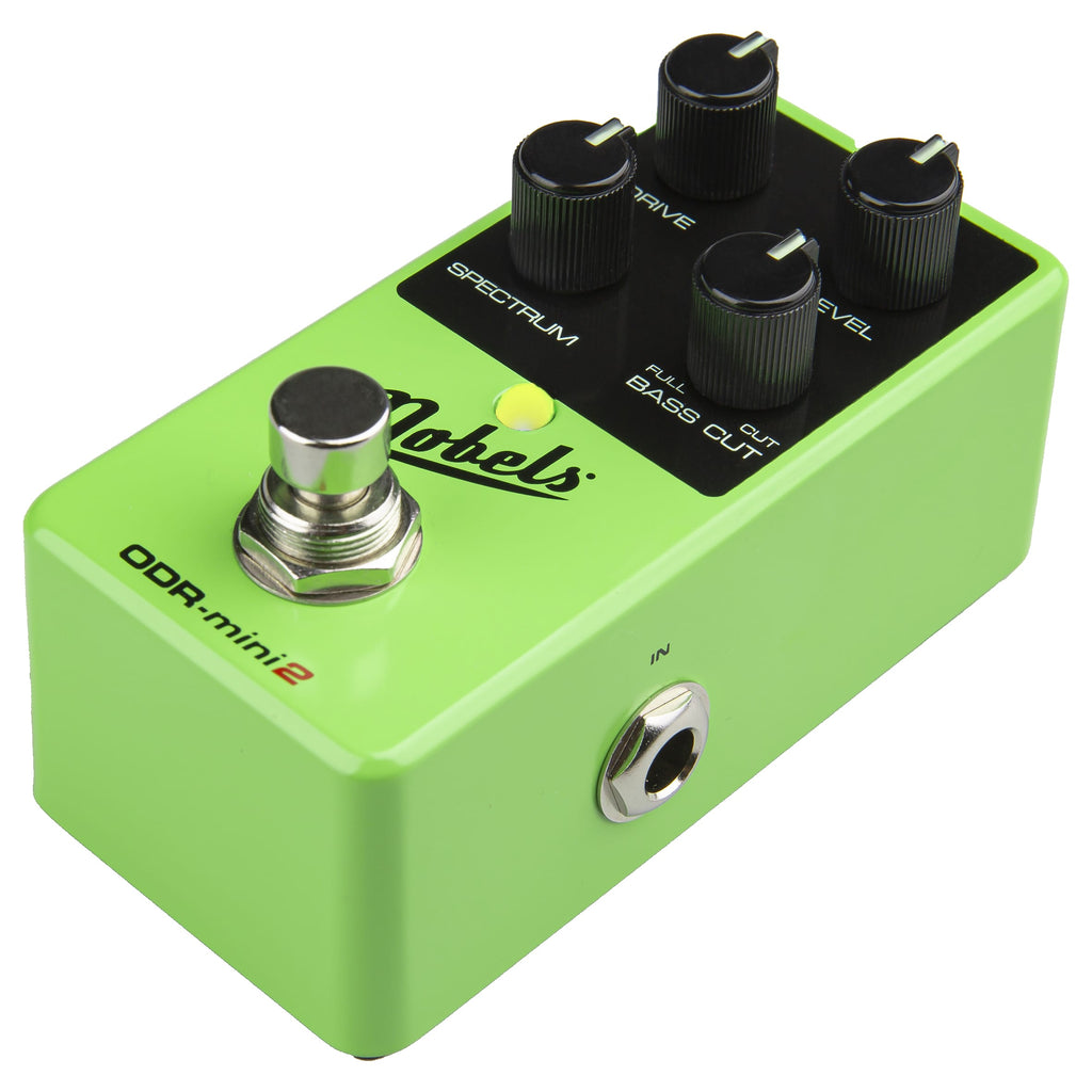 Nobels ODR-mini 2 overdrive pedal — green housing angled view