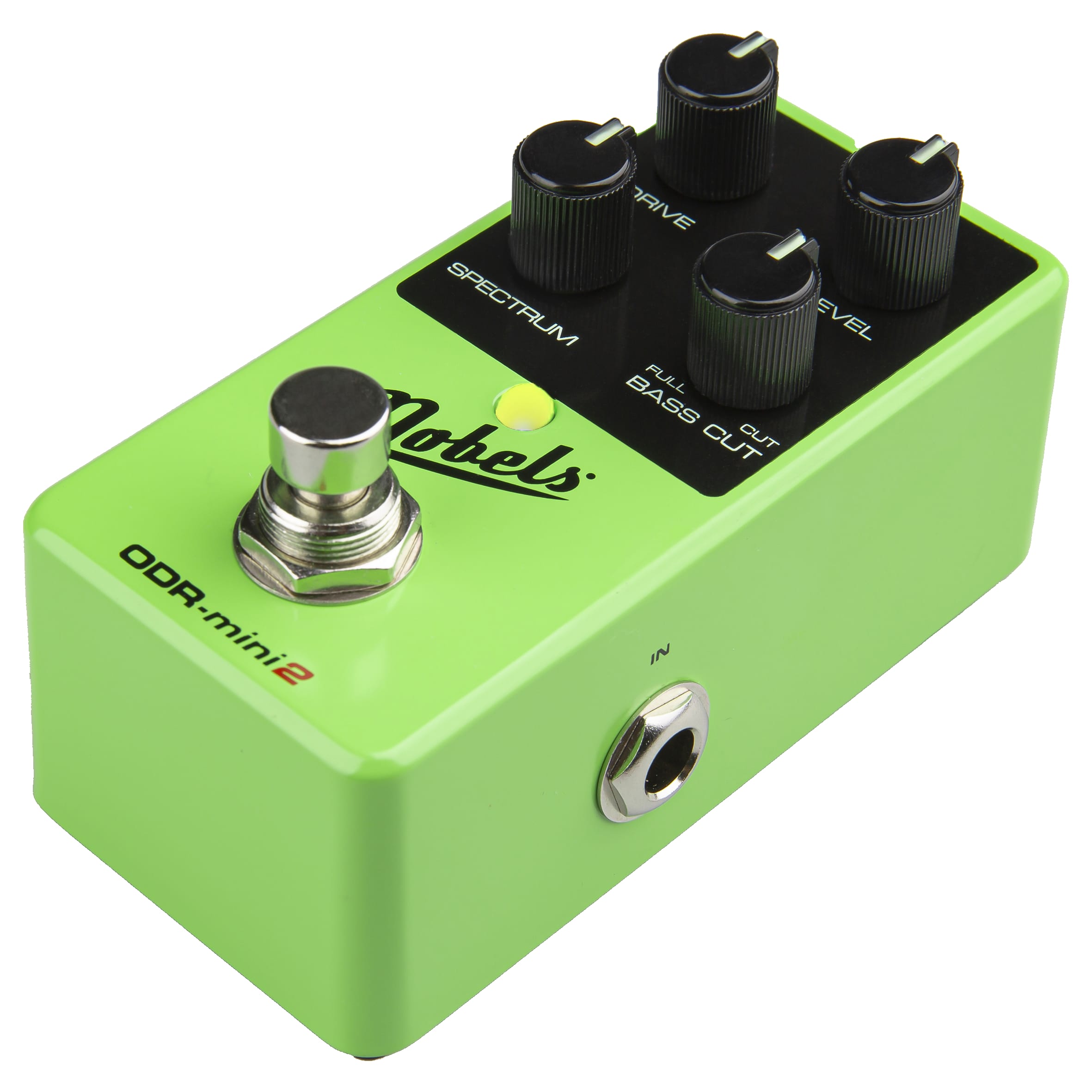 Nobels ODR-mini 2 overdrive pedal — green housing angled view