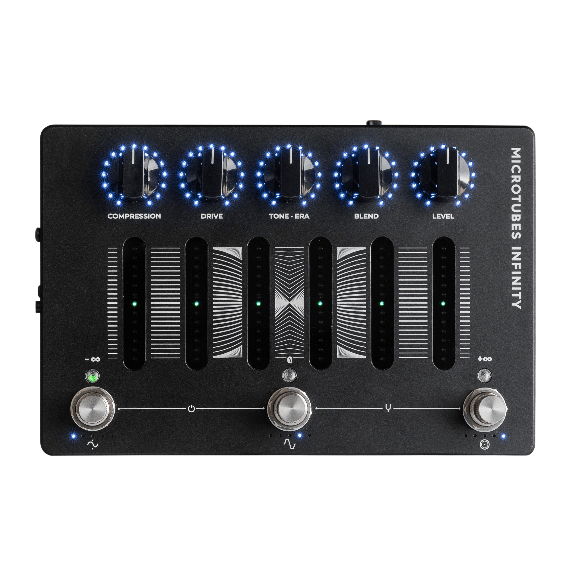 Darkglass Microtubes Infinity bass preamp pedal — detail of footswitches and ports