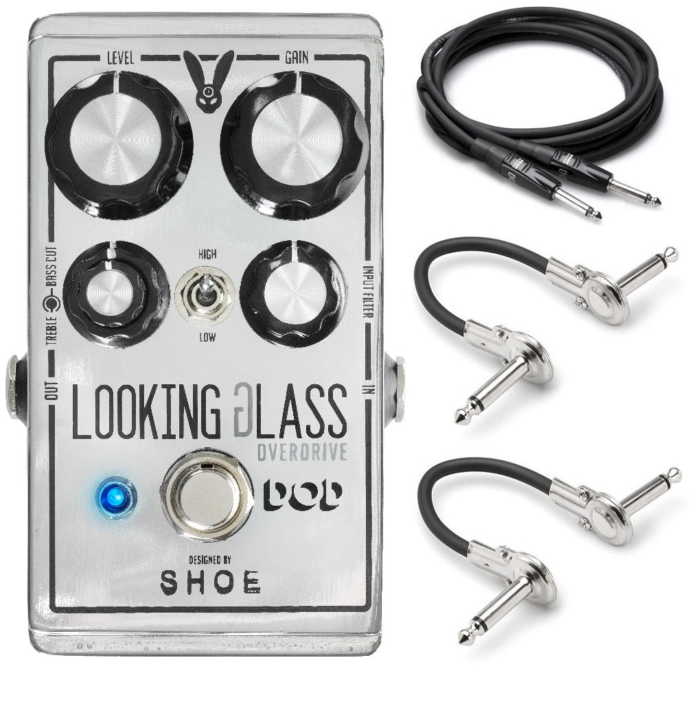 DOD Looking Glass overdrive pedal — silver enclosure with cables