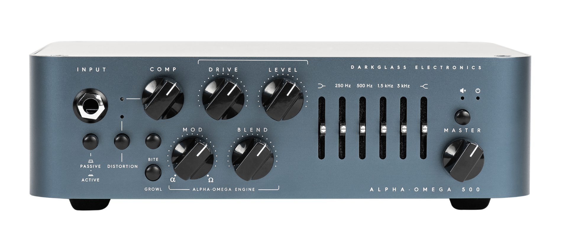 Darkglass Alpha Omega 500 bass amplifier head — control layout detail