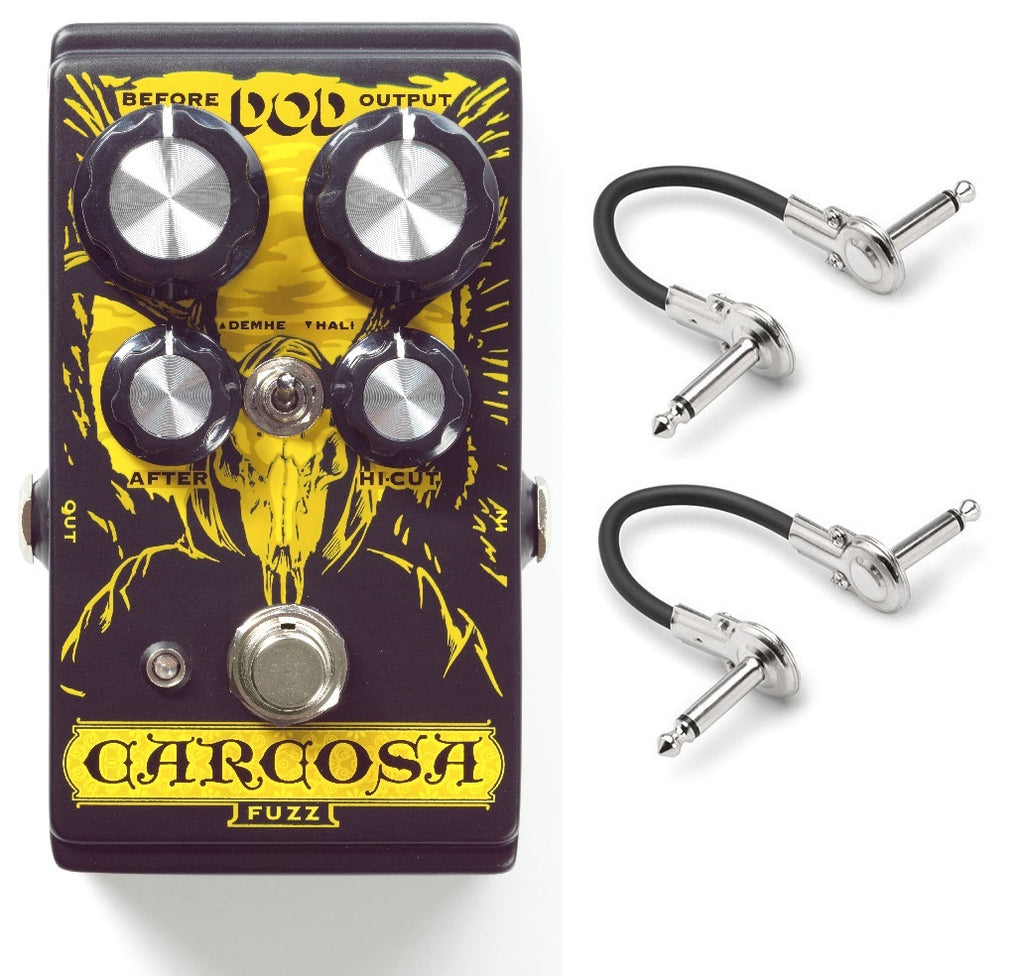 DOD Carcosa analog fuzz pedal — purple and yellow enclosure with patch cables